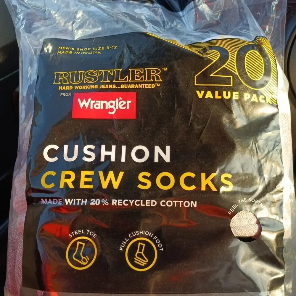 Wrangler‎ Rustler Men’s Cushion Crew Socks, 20 pack Reinforced Heel & Toe